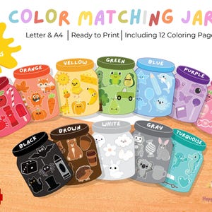 May include: A colorful illustration of "Color Matching Jars" with various colors and images inside each jar. The jars are labeled with colors like red, orange, yellow, green, blue, purple, pink, black, brown, white, gray, and turquoise. The text includes "Letter & A4", "Ready to Print", and "Including 12 Coloring Pages".