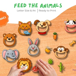 Puede incluir: Un conjunto de actividades imprimibles titulado FEED THE ANIMALS con 4 páginas en tamaños Letter y A4. Presenta caras de animales de dibujos animados con la boca abierta, incluyendo un gato, perro, vaca, oso, conejo, mono, elefante y león.