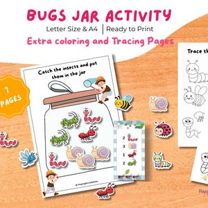 Pode incluir: Um conjunto imprimível "Bugs Jar Activity" com páginas para colorir e traçar. O conjunto inclui um gráfico de jarro com insetos, uma atividade de contagem e páginas de rastreamento de insetos. O título "BUGS JAR ACTIVITY" está no topo.