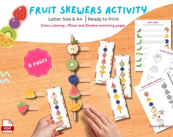 Actividad de brochetas de fruta para niños (imprimible) / Libro de actividades para desarrollar la motricidad fina / Juego de emparejamiento para preescolares / Actividad de secuenciación / Paquete de hojas de trabajo sobre frutas
