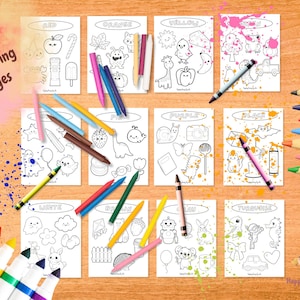 Puede incluir: Un conjunto de 12 p&aacute;ginas para colorear con varias ilustraciones, cada una etiquetada con un nombre de color. Las p&aacute;ginas est&aacute;n rodeadas de l&aacute;pices de colores y rotuladores, con salpicaduras de pintura. El texto "12 p&aacute;ginas para colorear" es visible.