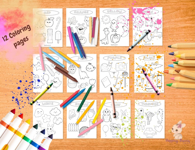 Puede incluir: Un conjunto de 12 p&aacute;ginas para colorear con varias ilustraciones, cada una etiquetada con un nombre de color. Las p&aacute;ginas est&aacute;n rodeadas de l&aacute;pices de colores y rotuladores, con salpicaduras de pintura. El texto "12 p&aacute;ginas para colorear" es visible.