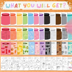 Puede incluir: Una impresi&oacute;n digital colorida que presenta frascos ilustrados de varios colores, p&aacute;ginas recortadas con objetos ilustrados y p&aacute;ginas para colorear. El texto "WHAT YOU WILL GET?" est&aacute; en la parte superior, con "48 pages" a la derecha.