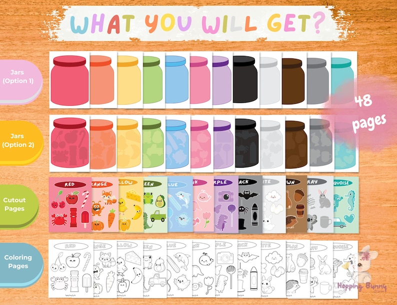 Puede incluir: Una impresi&oacute;n digital colorida que presenta frascos ilustrados de varios colores, p&aacute;ginas recortadas con objetos ilustrados y p&aacute;ginas para colorear. El texto "WHAT YOU WILL GET?" est&aacute; en la parte superior, con "48 pages" a la derecha.