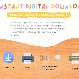 Puede incluir: Imagen con el texto "INSTANT DIGITAL DOWNLOAD" e instrucciones para imprimir y utilizar el producto digital. Los iconos incluyen una flecha de descarga, una impresora, unas tijeras, velcro y una plastificadora. El texto indica que se trata de una descarga digital.