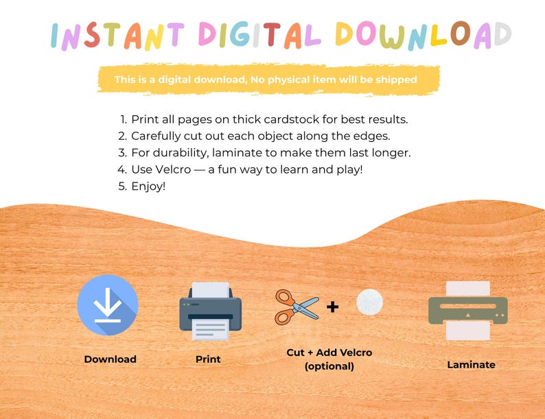 Puede incluir: Imagen con el texto "INSTANT DIGITAL DOWNLOAD" e instrucciones para imprimir y utilizar el producto digital. Los iconos incluyen una flecha de descarga, una impresora, unas tijeras, velcro y una plastificadora. El texto indica que se trata de una descarga digital.