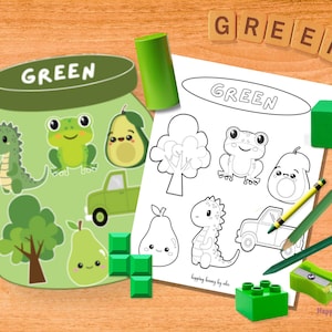 Puede incluir: Una imagen muestra una hoja de pegatinas en forma de tarro y una p&aacute;gina para colorear con la palabra "GREEN". La hoja de pegatinas presenta im&aacute;genes de dibujos animados verdes de un dinosaurio, una rana, un aguacate, un &aacute;rbol y una camioneta.