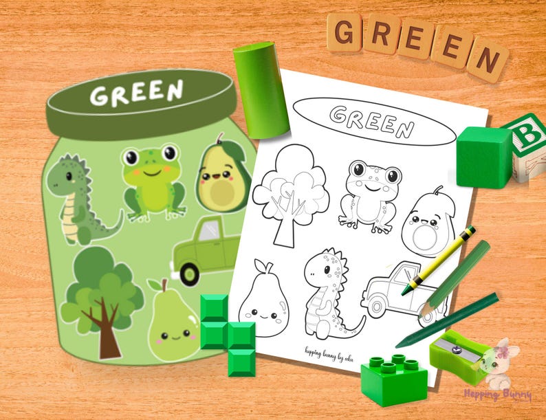 Puede incluir: Una imagen muestra una hoja de pegatinas en forma de tarro y una p&aacute;gina para colorear con la palabra "GREEN". La hoja de pegatinas presenta im&aacute;genes de dibujos animados verdes de un dinosaurio, una rana, un aguacate, un &aacute;rbol y una camioneta.