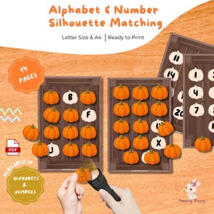 May include: Alphabet & Number Silhouette Matching printable activity featuring wooden crate illustrations filled with orange pumpkins. Includes text: Alphabet & Number Silhouette Matching, 14 Pages, Letter Size & A4, Ready to Print.