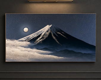 Moonlit Mount Fuji Frame TV Art, Japanese Sumi Landscape, Japandi Digital Download