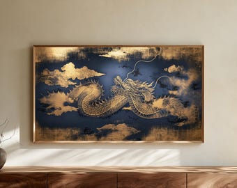 Japanese Dragon Frame TV Art, Ryujin Gold Leaf Indigo Nihonga 4K Digital Download