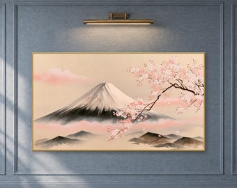 Mount Fuji Sakura Frame TV Art, Japanese Cherry Blossom Landscape, Japandi Digital Download