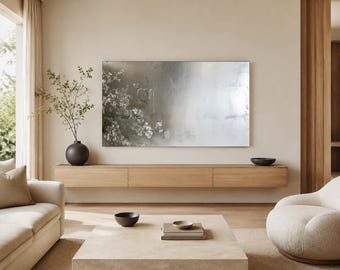 Neutral Frame TV Art, Silver Japanese Abstract 4K Digital Download