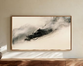 Japanese Ink Dragon Frame TV Art, Ryujin Sumi-e Mist Minimalist 4K Digital Download