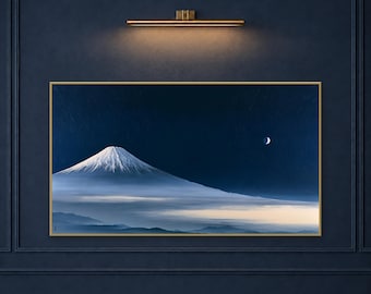 Indigo Mount Fuji Frame TV Art, Moonlit Japanese Landscape, Japandi Digital Download