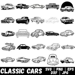 May include: A selection of black and white drawings of classic cars, including different body styles such as saloons, coupés, and convertibles. The image also features a pickup truck. The text "CLASSIC CARS" is at the bottom, with file type indicators.