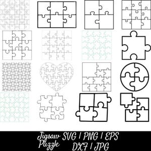May include: A collection of jigsaw puzzle designs in black and white. The image includes various puzzle arrangements, including squares, rectangles, and a heart shape. The text "Jigsaw SVG | PNG | EPS Puzzle DX7 | JPG" is at the bottom.