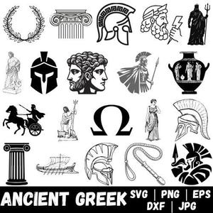 May include: A collection of black and white Ancient Greek themed illustrations. Includes a laurel wreath, columns, helmets, busts, statues, a chariot, a ship, and the text "ANCIENT GREEK".