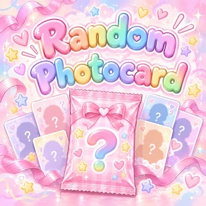 May include: A pink foil packet featuring a central bow and a large question mark, surrounded by several rectangular cards with question mark silhouettes. The text Random Photocard appears in large, colorful, bubble-style letters above.