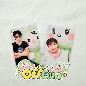 May include: Two rectangular photo cards featuring individuals alongside a cartoon character. One card shows a person in a black t-shirt with sunglasses, the other a person in a white shirt. Below, a sticker displays the text OffGun in yellow letters.