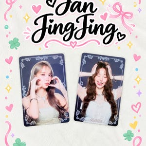 Pode incluir: Dois cartões fotográficos retangulares com retratos de pessoas, sobre um fundo branco decorado com fitas cor-de-rosa, corações e trevos verdes. O texto Fan Jing Jing é exibido em letra cursiva preta no centro superior.