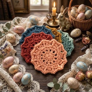 Crochet Flower Coasters Set Boho Macrame Drink Coasters Handmade Cotton Mug Rug Easter Decor Housewarming Gift