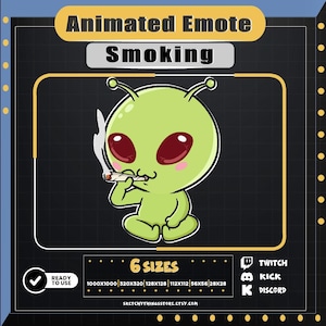 アニメーションエイリアンエモート – Twitch、Discord、Kick - ちびエイリアン喫煙GIF - 420 Chill Stoner