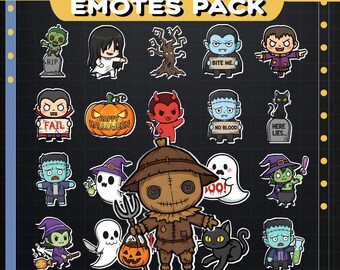 May include: A pack of 21 Halloween-themed emotes. The emotes feature various spooky characters like zombies, vampires, ghosts, and witches. Each character has a unique design and expression. The text "21 Halloween Emotes Pack" is at the top.