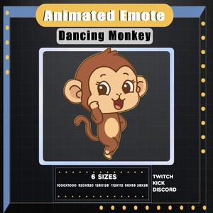 Pode incluir: Emote animado de um macaco dançando. A imagem apresenta um macaco de desenho animado em tons de marrom e bege, com uma expressão feliz. O texto inclui "Animated Emote", "Dancing Monkey" e opções de tamanho para Twitch, Kick e Discord.