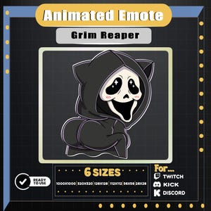 May include: Animated emote featuring a cartoon Grim Reaper character with a black hooded cloak and a smiling skull face. The image includes the text "Animated Emote" and "Grim Reaper", along with size options and platform compatibility for Twitch, Kick, and Discord.