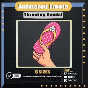 May include: Animated emote graphic of a pink polka-dotted flip-flop with a white flower and yellow strap, held by a hand. Text reads "Throwing Sandal" and "6 Sizes". Ready to use for Twitch, Kick, and Discord.