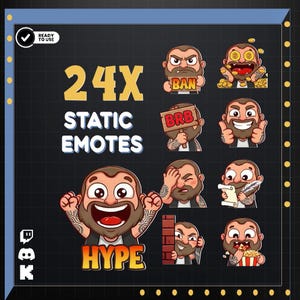Può includere: Una collezione di 24 emote digitali statiche raffiguranti un personaggio dei cartoni animati barbuto con tatuaggi. Il personaggio è mostrato in varie espressioni e azioni, tra cui tenere cartelli con scritto BAN e BRB, mangiare popcorn.