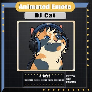 Può includere: Emote animata di un gatto calico con cuffie blu. L'immagine presenta il testo "Animated Emote" e "DJ Cat". Sotto l'immagine sono presenti le parole "6 Sizes" e le dimensioni in pixel. Sono presenti anche le parole "Twitch, Kick, Discord".