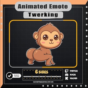 Pode incluir: Um gráfico digital de um macaco de desenho animado marrom com olhos grandes e bochechas rosadas, em uma pose de twerking. A imagem inclui o texto Animated Emote Twerking, 6 SIZES, 1000x1000, 320x320, 128x128, 112x112, 56x56, 28x28, TWITCH, KICK, DISCORD.