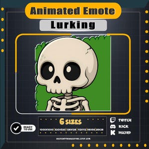 Puede incluir: Un emote animado con un personaje de calavera de dibujos animados etiquetado como Lurking. El gráfico incluye el texto 6 sizes, 1000x1000, 320x320, 128x128, 112x112, 56x56, 28x28, e iconos para Twitch, Kick y Discord. La calavera es de color beige.