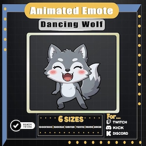 May include: Animated emote featuring a dancing wolf character with gray fur, a white belly, and a happy expression. The image includes the text "Animated Emote" and "Dancing Wolf", along with size options and platform compatibility for Twitch, Kick, and Discord.