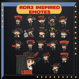 May include: A collection of cartoon cowboy emotes with various expressions and text bubbles, including "KEKW", "HYPE!", and "RAID!". The title "RDR2 INSPIRED EMOTES" is displayed at the top. The background is dark with yellow dot accents.