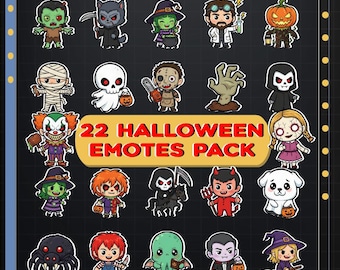 May include: A collection of 22 Halloween-themed emotes featuring various spooky characters. The emotes include a zombie, werewolf, witch, mad scientist, jack-o'-lantern, mummy, skull, chainsaw killer, zombie hand, ghost, clown, and more.
