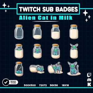 May include: A set of digital Twitch sub badges titled Alien Cat in Milk, featuring twelve illustrations of a blue alien cat interacting with glass milk bottles, including empty bottles, bottles with varying milk levels, and a cat emerging from milk.