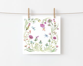 Dragonflies and Flowers Watercolor Greeting Card - Nature, Whimsical, Wildflower Seed Paper Hearts included