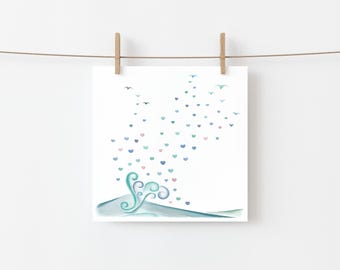 Ocean Wave Greeting Card - with Hearts and Birds flying from the Ocean Spray. Watercolor Seed Paper Hearts included