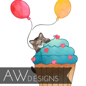 Brown Tabby Cat, Birthday Card Show some love with a sweet Tabby Cat peeking out from behind a cupcake holding balloons. image 3