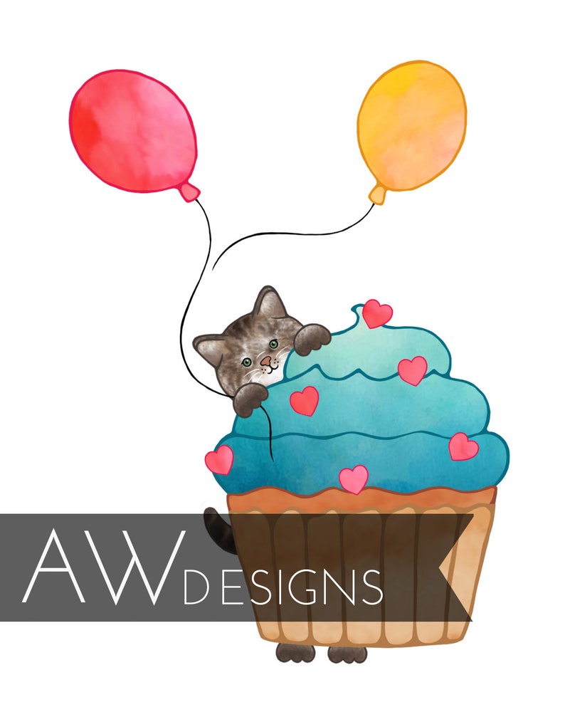 Brown Tabby Cat, Birthday Card Show some love with a sweet Tabby Cat peeking out from behind a cupcake holding balloons. image 3