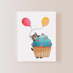 Brown Tabby Cat, Birthday Card Show some love with a sweet Tabby Cat peeking out from behind a cupcake holding balloons. image 4