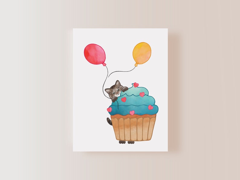 Brown Tabby Cat, Birthday Card Show some love with a sweet Tabby Cat peeking out from behind a cupcake holding balloons. image 4