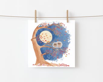 May include: Watercolor print of a whimsical scene featuring two owls perched on a tree branch. The tree has a full moon and falling leaves in shades of orange and red against a blue background.