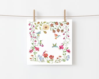 Watercolor Hummingbirds and Flowers Greeting Card - Nature, Whimsical, Watercolor Seed Paper Hearts Included