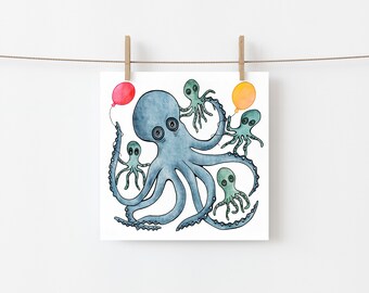 Octopus and Babies Birthday Card - Mother or Father Octopus with babies and balloons, Wildflower Seed Paper Hearts Included