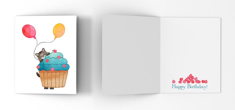 Brown Tabby Cat, Birthday Card Show some love with a sweet Tabby Cat peeking out from behind a cupcake holding balloons. image 6