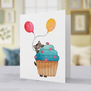 Brown Tabby Cat, Birthday Card Show some love with a sweet Tabby Cat peeking out from behind a cupcake holding balloons. image 5